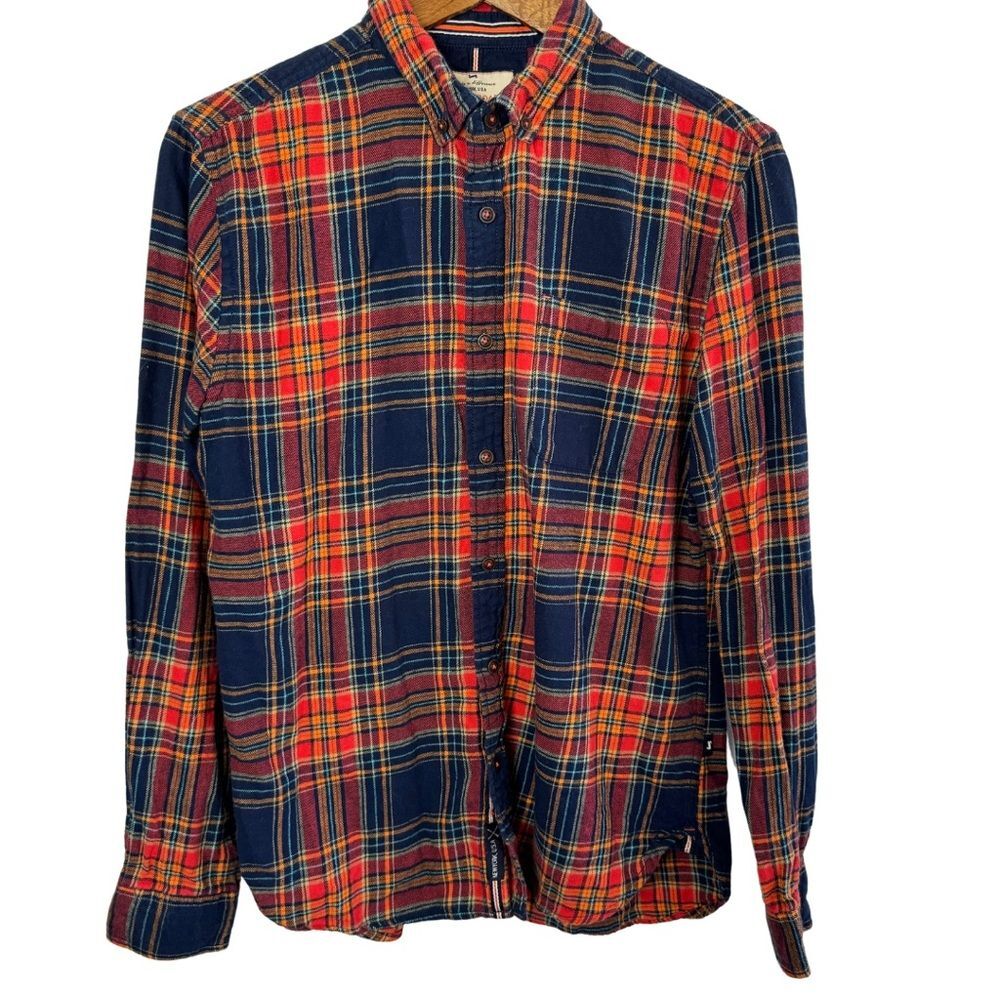 On The Road Plaid Flannel Shirt Men’s Medium Red Blue Button Down Slim Fit 40